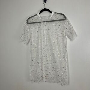 Sheer Mesh Celestial Whimsygoth Star Print T-Shirt Women Size M White Gold Rave